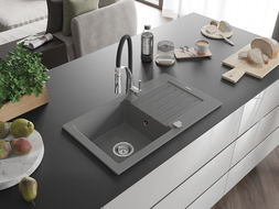Mexen Pablo granitový dřez 1-komorový s odkapem a kuchyňskou baterií Aster, šedý - 6510-71-73450-07