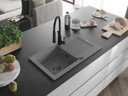 Mexen Pablo granitový dřez s 1 komorou, odkapávačem a kuchyňskou baterií Aster, šedý - 6510-71-73450-70-B