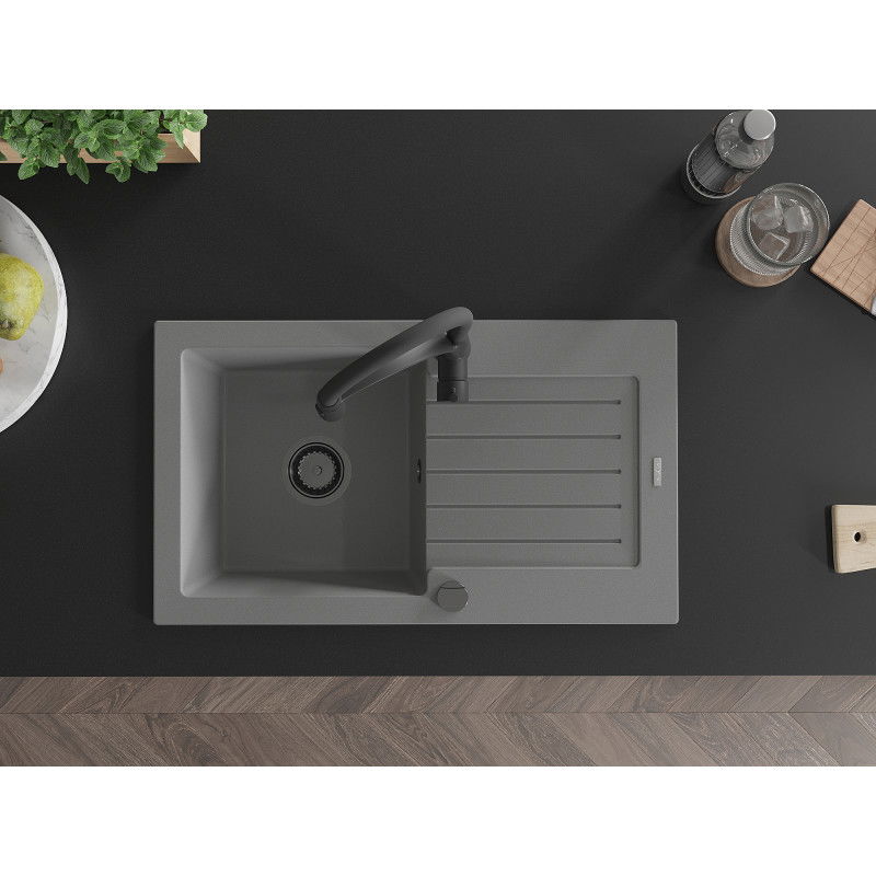 Mexen Pablo granitový dřez s 1 komorou, odkapávačem a kuchyňskou baterií Aster, šedý - 6510-71-73450-70-B