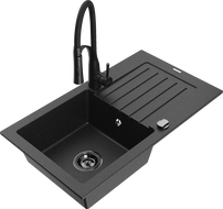 Mexen Pablo granitový dřez 1-komorový s odkapávačem a kuchyňskou baterií Aster, černý/stříbrný metalík - 6510-73-73450-70-B