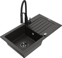 Mexen Pablo granitový jednodřez s odkapávačem a kuchyňskou baterií Aster, černý/zlatý metalický - 6510-75-73450-70-B