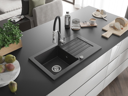 Mexen Pablo granitový dřez 1-komorový s odkapávačem a kuchyňskou baterií Aster, černý skvrnitý - 6510-76-73450-07