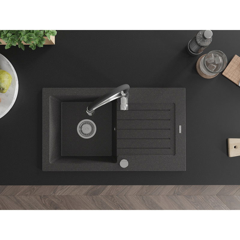 Mexen Pablo granitový dřez 1-komorový s odkapávačem a kuchyňskou baterií Aster, černý skvrnitý - 6510-76-73450-07