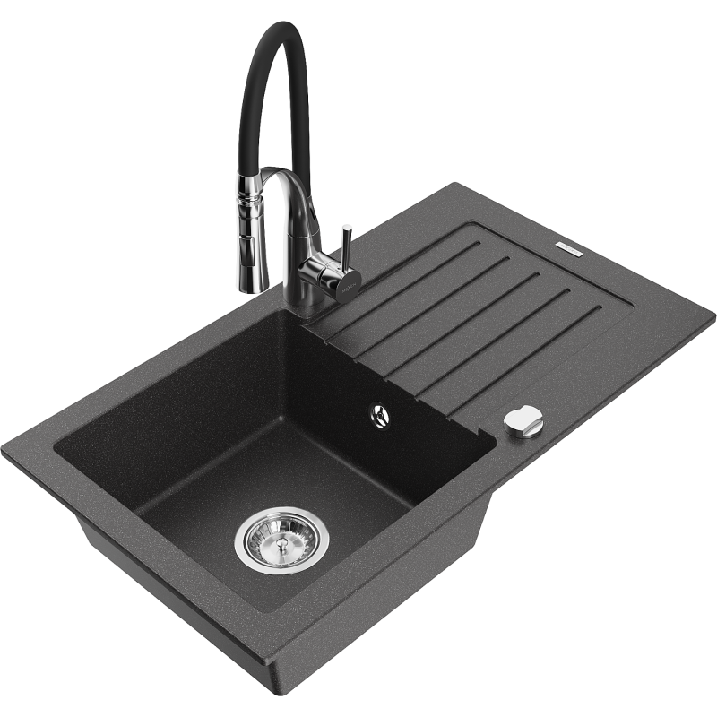 Mexen Pablo granitový dřez 1-komorový s odkapávačem a kuchyňskou baterií Aster, černý skvrnitý - 6510-76-73450-07