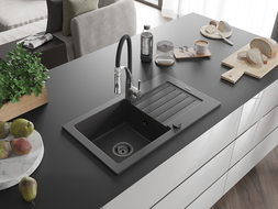 Mexen Pablo granitový dřez 1-komorový s odkapávačem a kuchyňskou baterií Aster, černý nakrapovaný - 6510-76-73450-07-B
