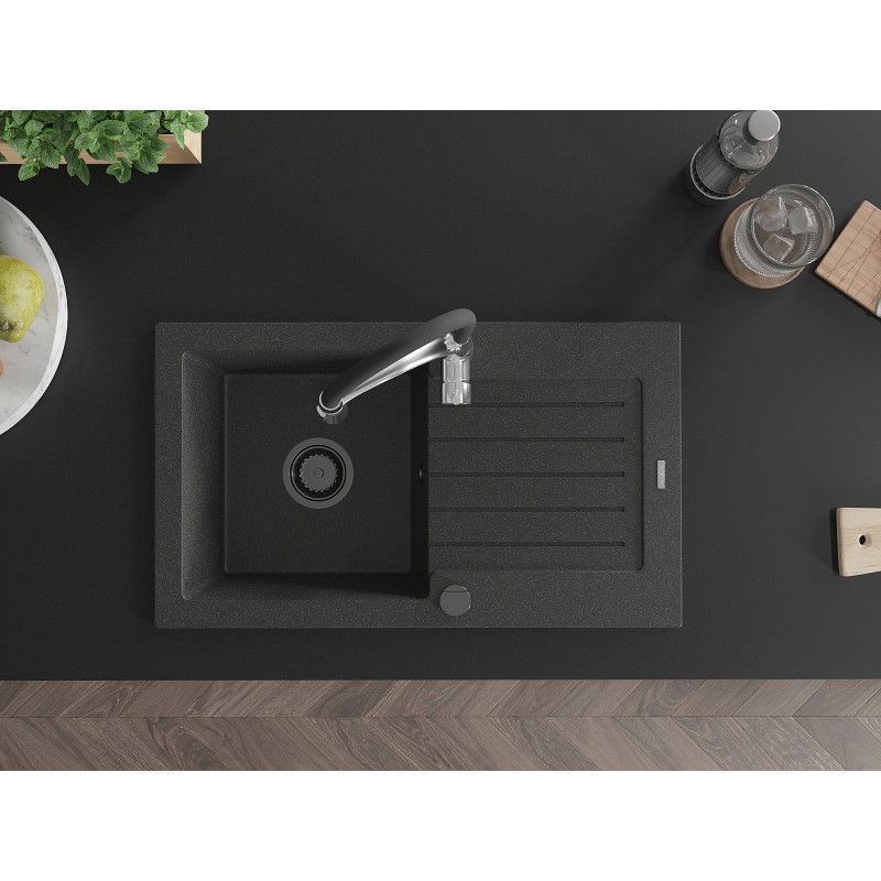 Mexen Pablo granitový dřez 1-komorový s odkapávačem a kuchyňskou baterií Aster, černý nakrapovaný - 6510-76-73450-07-B