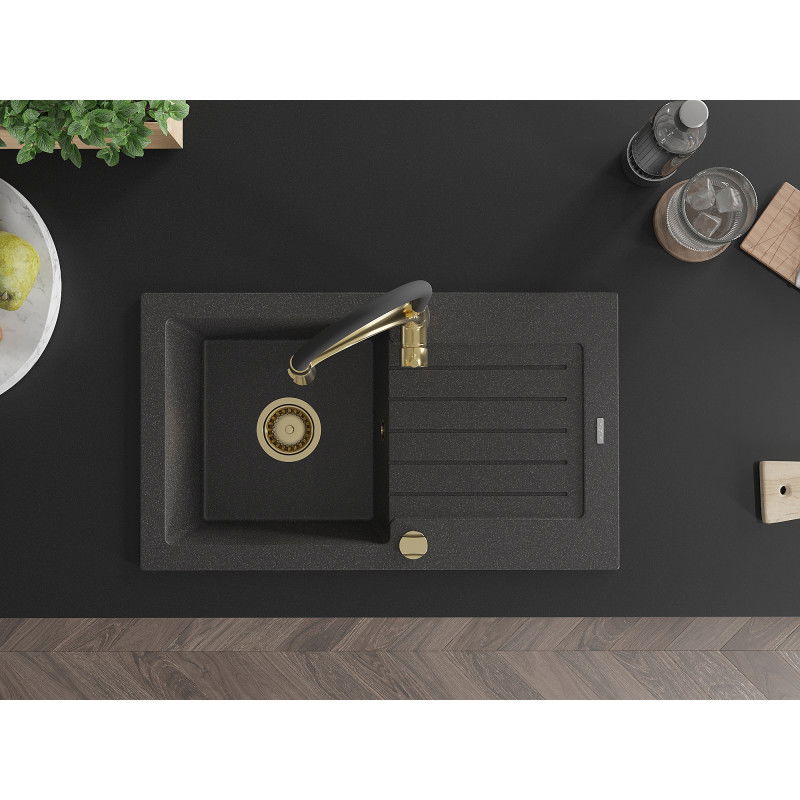 Mexen Pablo granitový dřez 1-komorový s odkapávačem a kuchyňskou baterií Aster, černý skvrnitý - 6510-76-73450-57-G