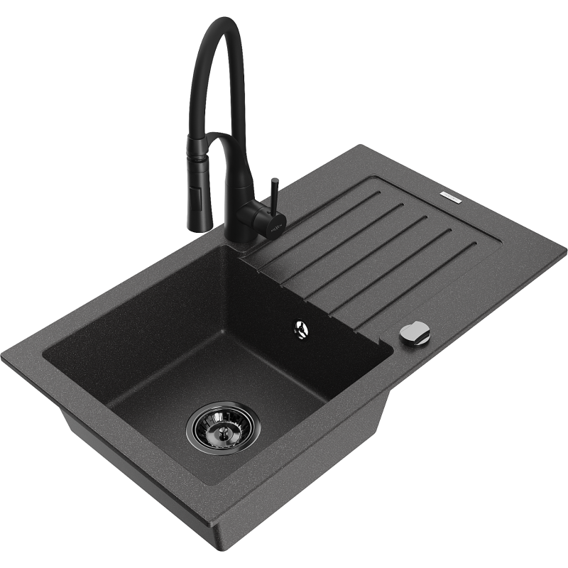 Mexen Pablo žulový dřez s 1 komorou a odkapávačem a kuchyňskou baterií Aster, černý s kropením - 6510-76-73450-70-B