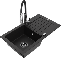 Mexen Pablo jednodřezový žulový kuchyňský dřez s odkapávačem a kuchyňskou baterií Aster, černý - 6510-77-73450-07-B