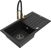 Mexen Pablo granitový dřez s jednou komorou a odkapávačem a kuchyňskou baterií Aster, černý - 6510-77-73450-57-B