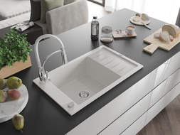 Mexen Elias granitový dřez s odkapávačem a kuchyňskou baterií Aster, bílý - 6511-20-73450-02