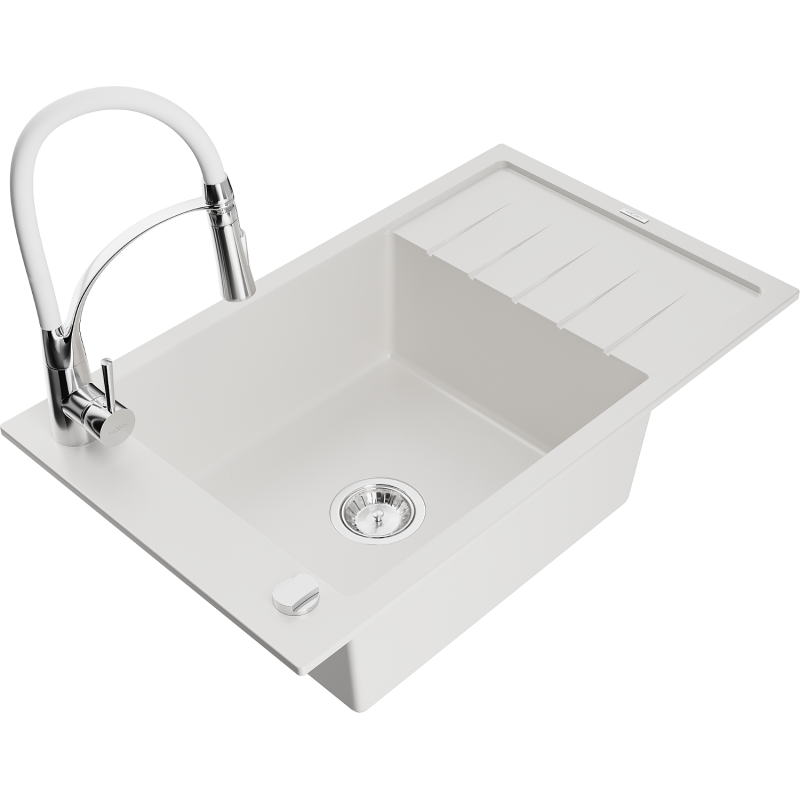 Mexen Elias granitový dřez s odkapávačem a kuchyňskou baterií Aster, bílý - 6511-20-73450-02