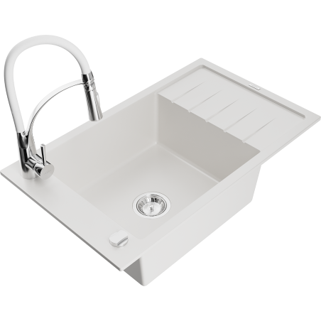 Mexen Elias granitový dřez s odkapávačem a kuchyňskou baterií Aster, bílý - 6511-20-73450-02