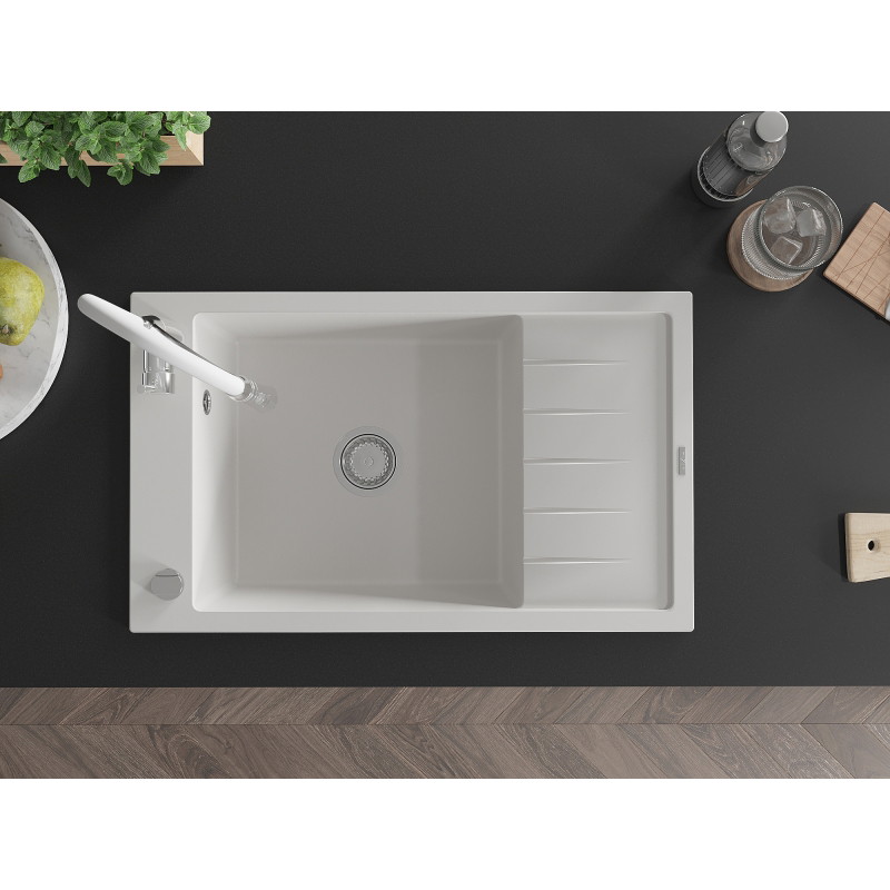 Mexen Elias granitový dřez s jednou vaničkou s odkapávačem a kuchyňskou baterií Aster, bílý - 6511-20-73450-02