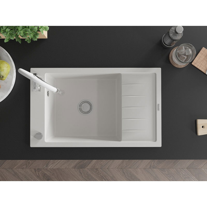 Mexen Elias granitový dřez s odkapávačem a kuchyňskou baterií Aster, bílý - 6511-20-73450-02