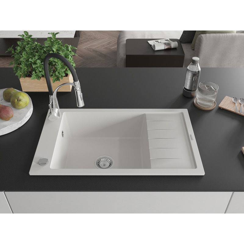 Mexen Elias granitový dřez 1-komorový s odkapávačem a kuchyňskou baterií Aster, bílý - 6511-20-73450-07