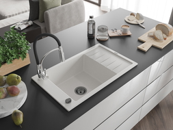 Mexen Elias granitový dřez s odkapávačem a kuchyňskou baterií Aster, bílý - 6511-20-73450-07-B