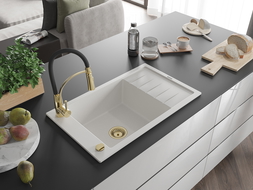 Mexen Elias granitový dřez 1-komorový s odkapávačem a kuchyňskou baterií Aster, bílý - 6511-20-73450-57-G