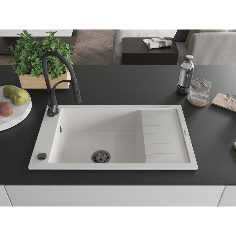 Mexen Elias granitový dřez 1-komorový s odkapávačem a kuchyňskou baterií Aster, bílá - 6511-20-73450-70-B
