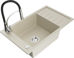 Mexen Elias granitový dřez 1-komorový s odkapávačem a kuchyňskou baterií Aster, béžový - 6511-69-73450-07