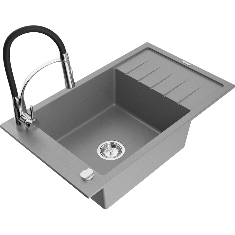 Mexen Elias granitový dřez 1-komorový s odkapávačem a kuchyňskou baterií Aster, šedá - 6511-71-73450-07