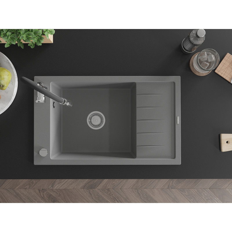 Mexen Elias granitový dřez 1-komorový s odkapávačem a kuchyňskou baterií Aster, šedá - 6511-71-73450-07