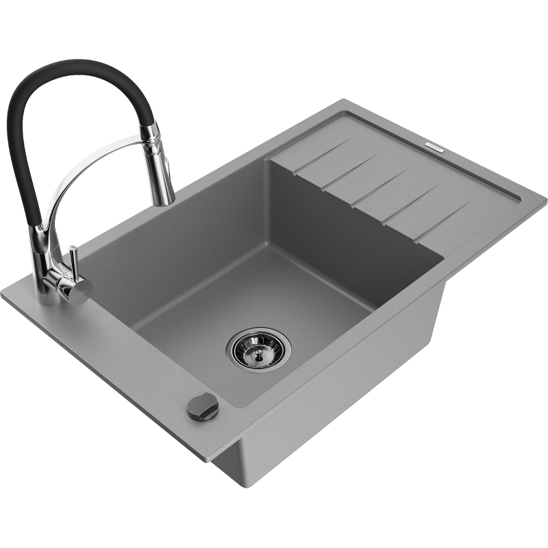 Mexen Elias granitový dřez 1-komorový s odkapávačem a kuchyňskou baterií Aster, šedý - 6511-71-73450-07-B