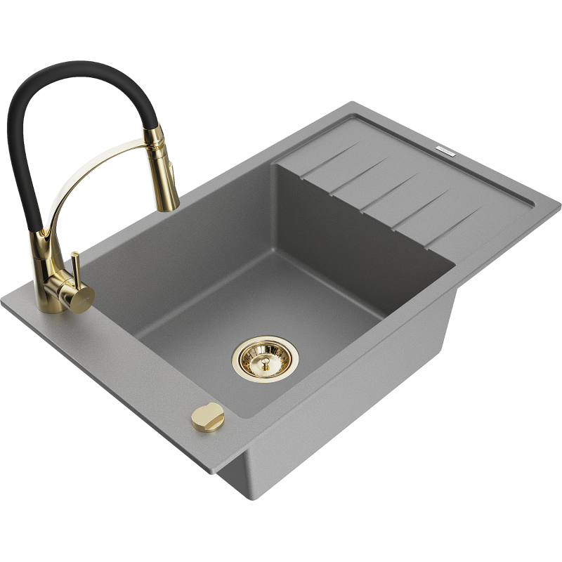 Mexen Elias granitový dřez s 1 komorou a odkapávačem a kuchyňskou baterií Aster, šedá - 6511-71-73450-57-G