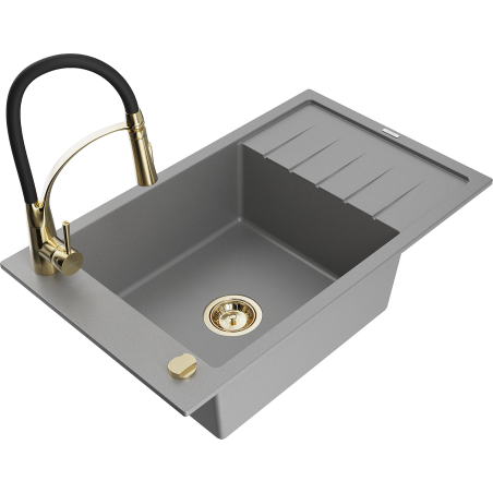Mexen Elias granitový dřez s 1 komorou a odkapávačem a kuchyňskou baterií Aster, šedá - 6511-71-73450-57-G