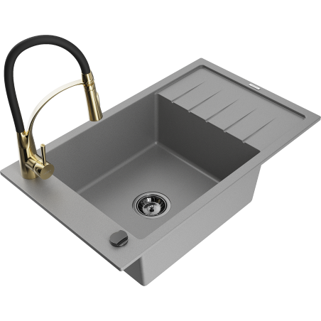 Mexen Elias granitový dřez s jednou komorou s odkapávačem a kuchyňskou baterií Aster, šedý - 6511-71-73450-57-B