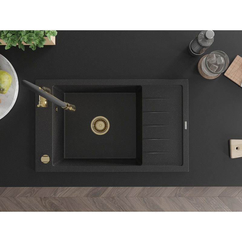 Mexen Elias granitový dřez 1-komorový s odkapávačem a kuchyňskou baterií Aster, černý/stříbrný metalík - 6511-73-73450-57-G