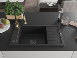 Mexen Elias granitový dřez s 1 komorou, odkapávačem a kuchyňskou baterií Aster, černý/stříbrný metalik - 6511-73-73450-57-B