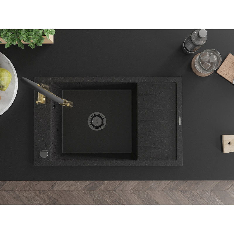 Mexen Elias granitový dřez s 1 komorou, odkapávačem a kuchyňskou baterií Aster, černý/stříbrný metalik - 6511-73-73450-57-B