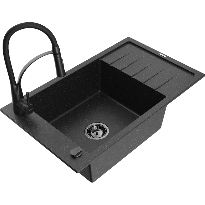 Mexen Elias granitový dřez s 1 komorou a odkapávačem a kuchyňskou baterií Aster, černý/stříbrný metalik - 6511-73-73450-70-B
