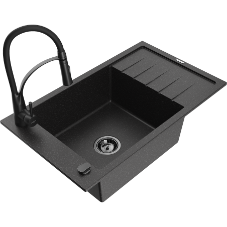 Mexen Elias granitový dřez s 1 komorou a odkapávačem a kuchyňskou baterií Aster, černý/stříbrný metalik - 6511-73-73450-70-B
