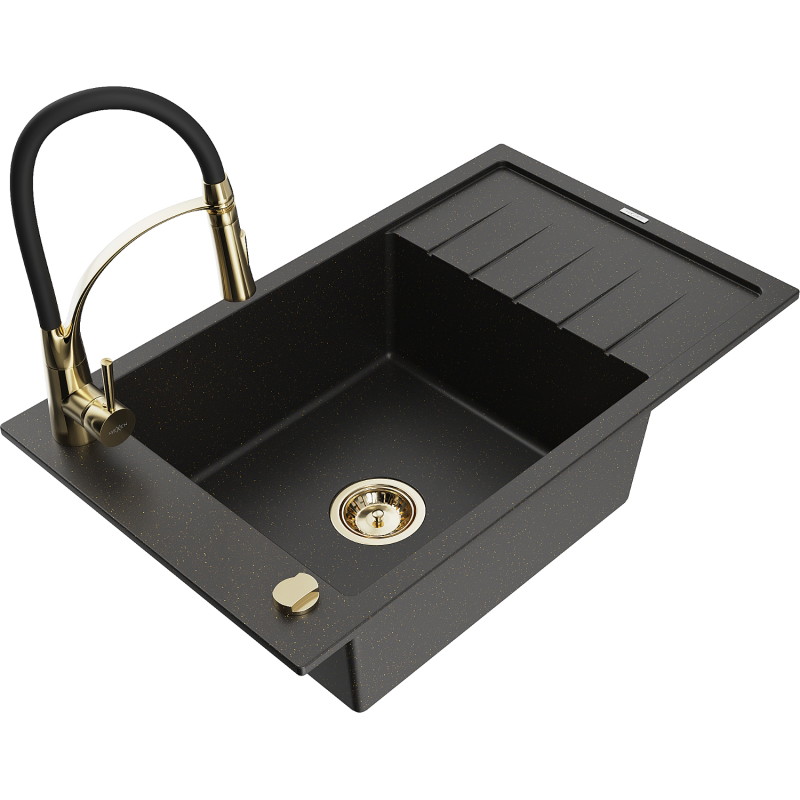 Mexen Elias granitový dřez 1-komorový s odkapávačem a kuchyňskou baterií Aster, černý/zlatý metalik