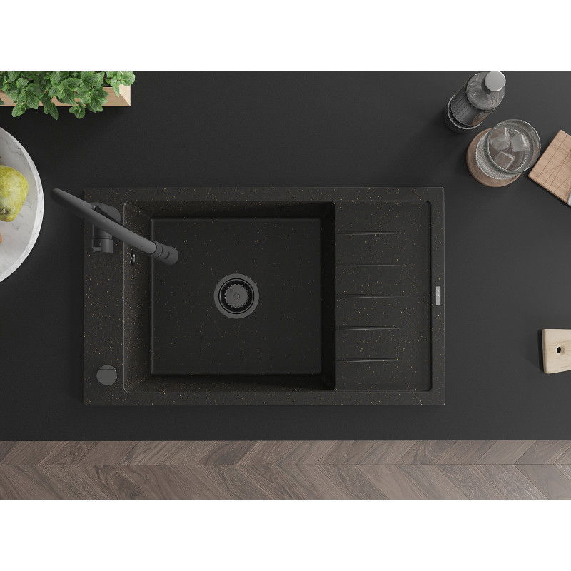 Mexen Elias granitový dřez 1-komorový s odkapávačem a kuchyňskou baterií Aster, černý/zlatý metalík - 6511-75-73450-70-B