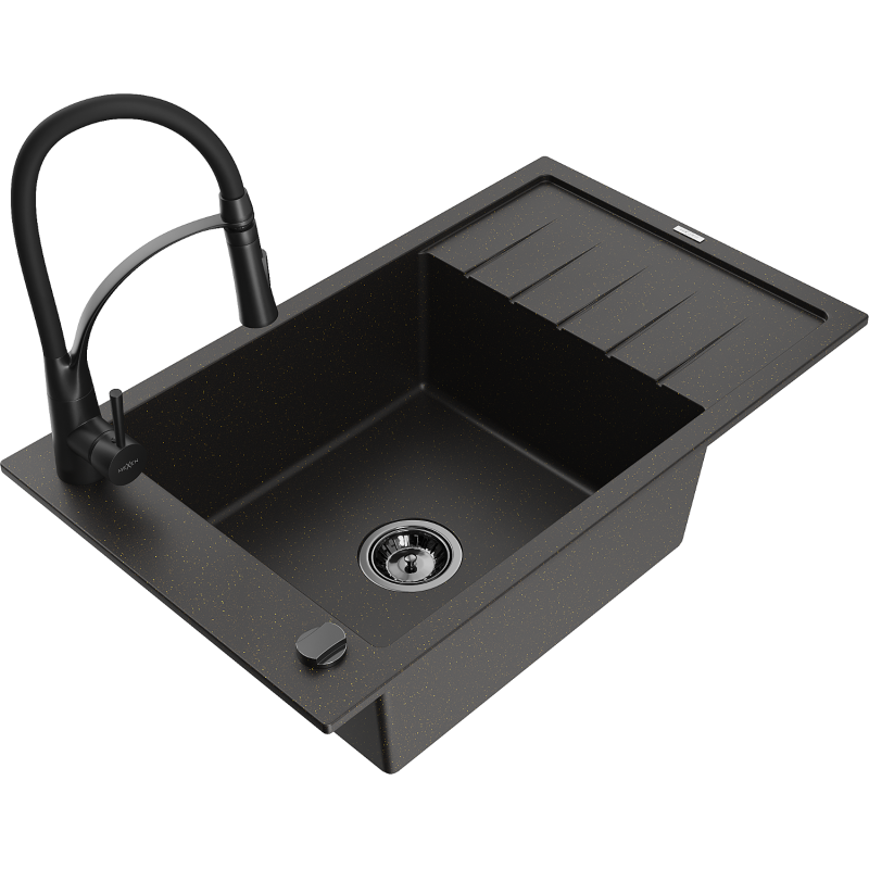 Mexen Elias granitový dřez 1-komorový s odkapávačem a kuchyňskou baterií Aster, černý/zlatý metalík - 6511-75-73450-70-B