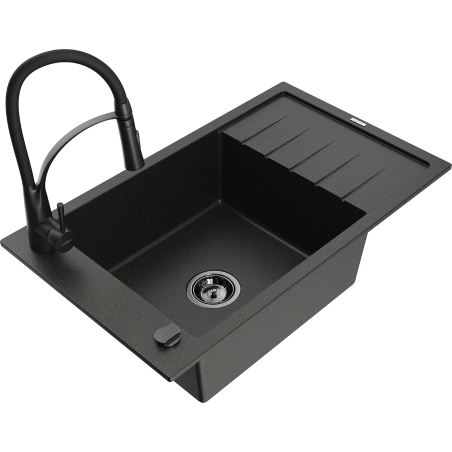 Mexen Elias granitový dřez 1-komorový s odkapávačem a kuchyňskou baterií Aster, černý/zlatý metalík - 6511-75-73450-70-B