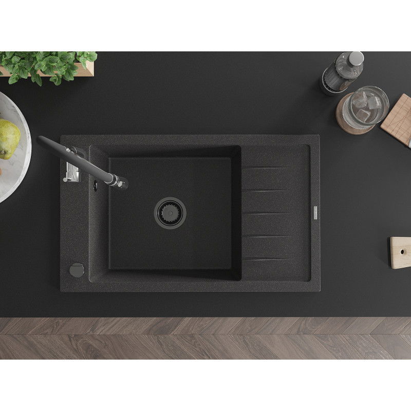Mexen Elias granitový dřez s jednou komorou s odkapávačem a kuchyňskou baterií Aster, černý skvrnitý - 6511-76-73450-07-B