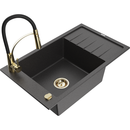 Mexen Elias granitový dřez 1-komorový s odkapem a kuchyňskou baterií Aster, černý s tečkami - 6511-76-73450-57-G