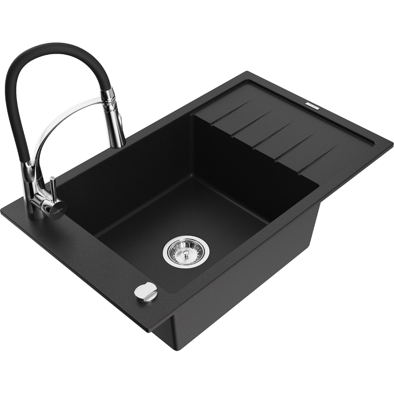 Mexen Elias granitový dřez 1-komorový s odkapávačem a kuchyňskou baterií Aster, černý - 6511-77-73450-07