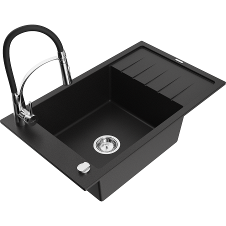 Mexen Elias granitový dřez 1-komorový s odkapávačem a kuchyňskou baterií Aster, černý - 6511-77-73450-07