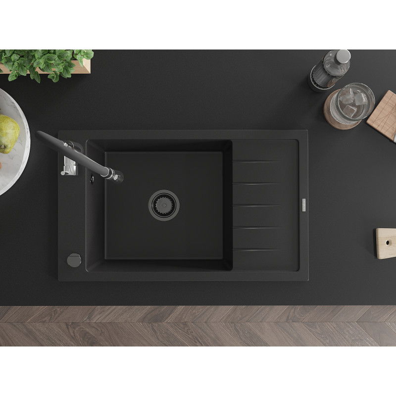 Mexen Elias granitový dřez s jednou komorou a odkapávačem a kuchyňská baterie Aster, černý - 6511-77-73450-07-B