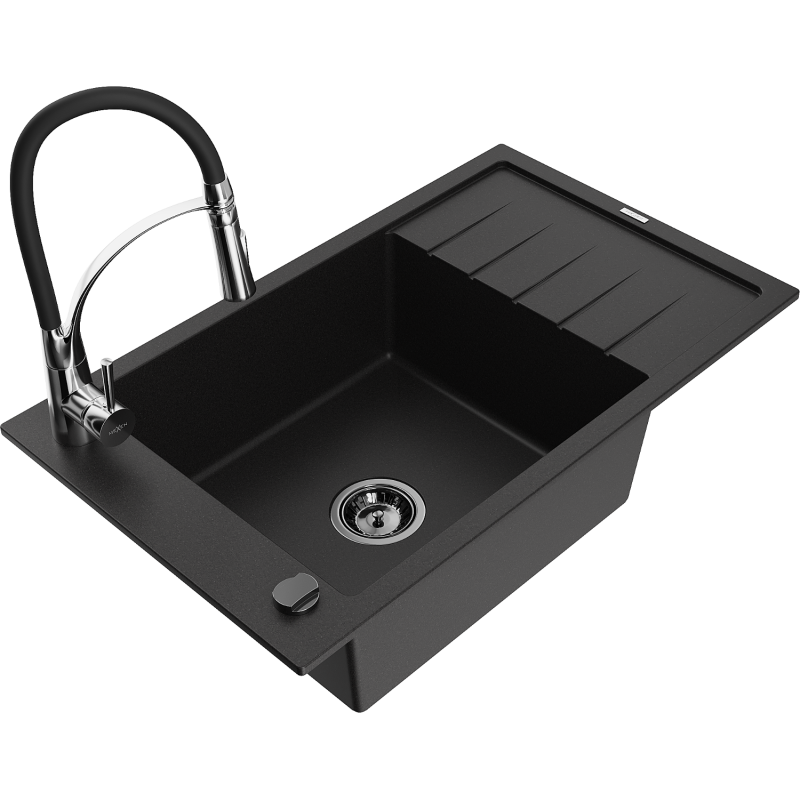Mexen Elias granitový dřez s jednou komorou a odkapávačem a kuchyňská baterie Aster, černý - 6511-77-73450-07-B