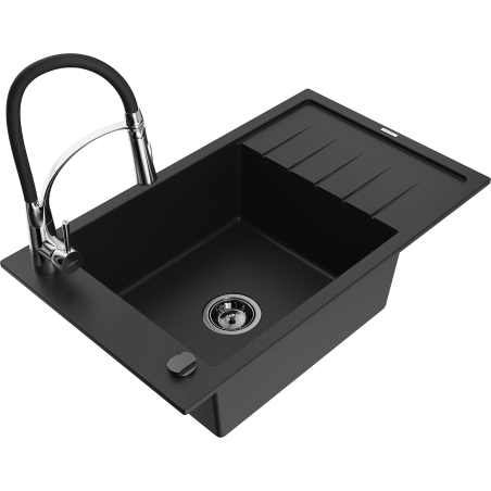 Mexen Elias granitový dřez s jednou komorou a odkapávačem a kuchyňská baterie Aster, černý - 6511-77-73450-07-B