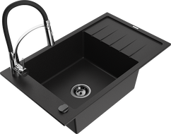 Mexen Elias granitový dřez s jednou komorou a odkapávačem a kuchyňská baterie Aster, černý - 6511-77-73450-07-B