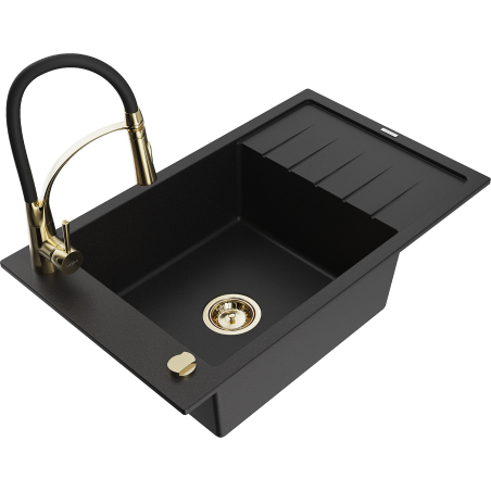 Mexen Elias granitový kuchyňský dřez s 1 komorou, odkapávačem a kuchyňskou baterií Aster, černý - 6511-77-73450-57-G