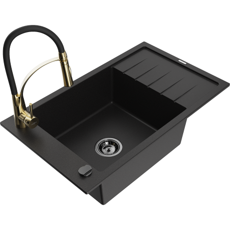 Mexen Elias granitový dřez s 1 komorou s odkapávačem a kuchyňskou baterií Aster, černý - 6511-77-73450-57-B
