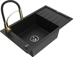 Mexen Elias granitový dřez s 1 komorou s odkapávačem a kuchyňskou baterií Aster, černý - 6511-77-73450-57-B